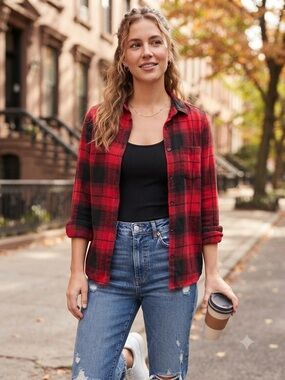Old Navy Red and Black Plaid Button-Down Shirt